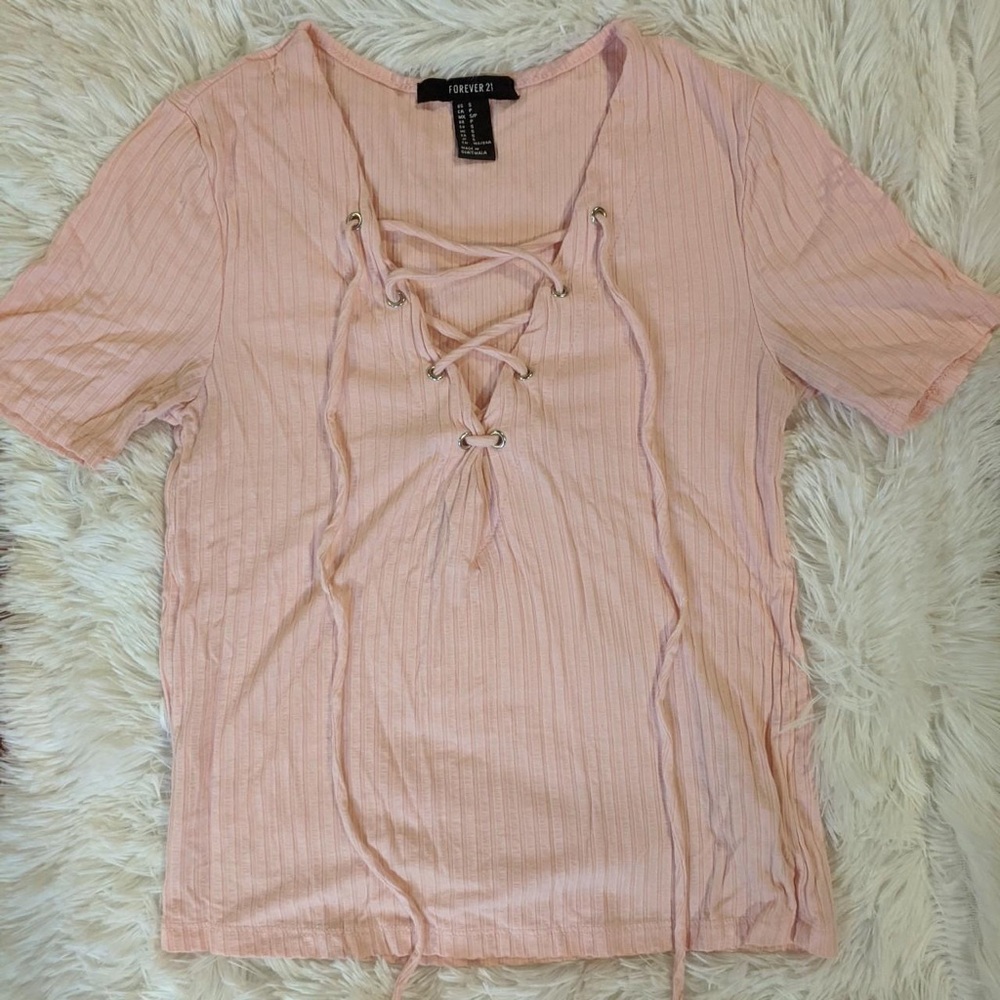 Forever 21 pink lace up v-neck top size small
